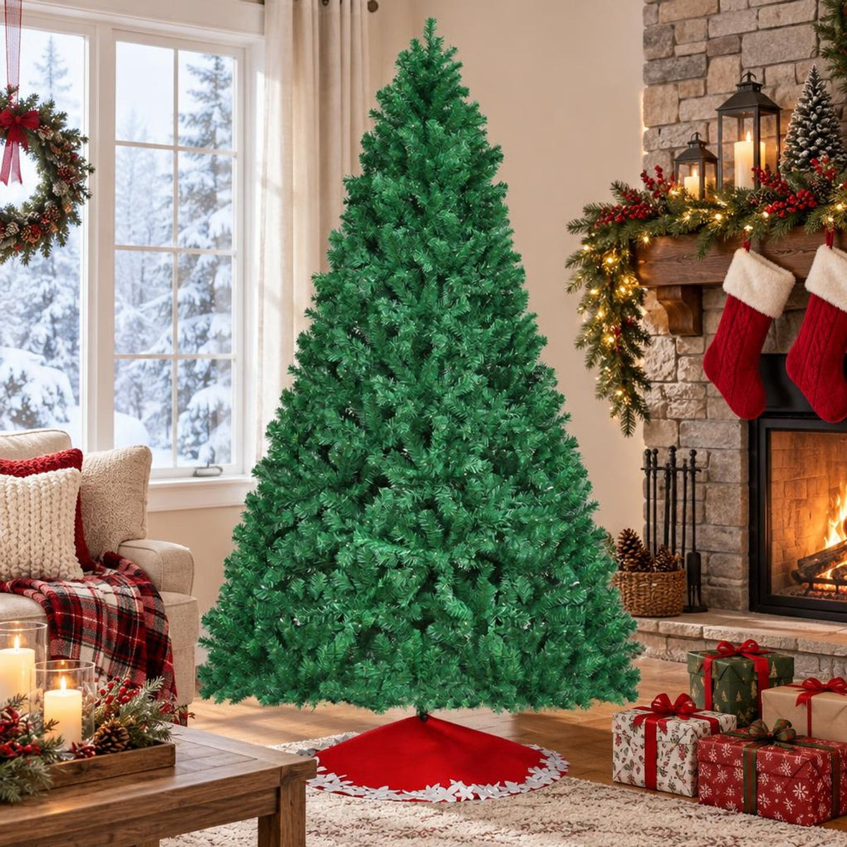 Airfind 8 Feet PVC Artificial Christmas Tree with LED Lights-8 ft, PVC iron Frame, 4.3 x 7.5 H Footprint, Green