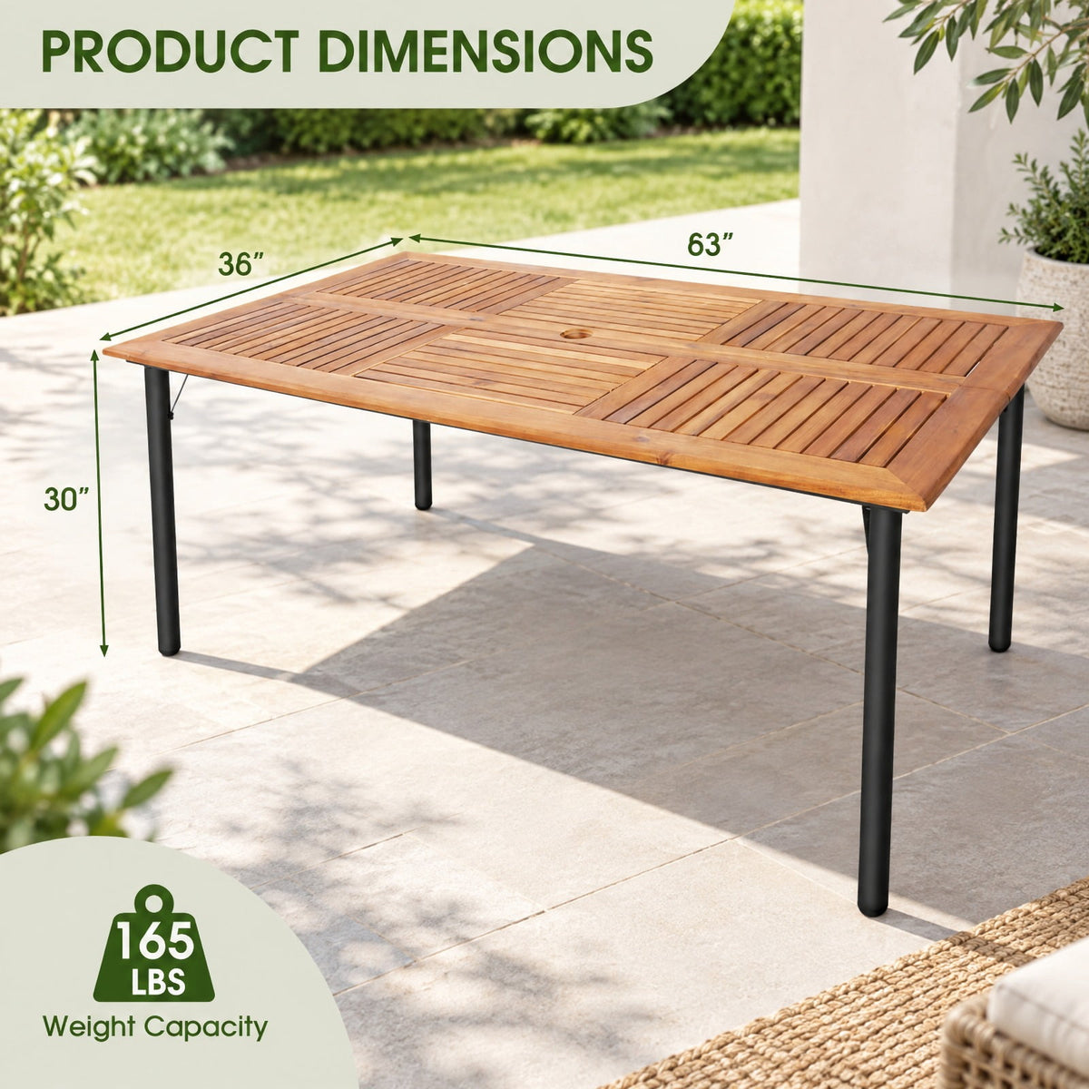 Airfind Patio Acacia Wood Dining Table with Umbrella Hole and Metal Legs, 165 lbs Capacity, Acacia Wood Metal Frame, 63 x 36 x 30 Footprint, Wood
