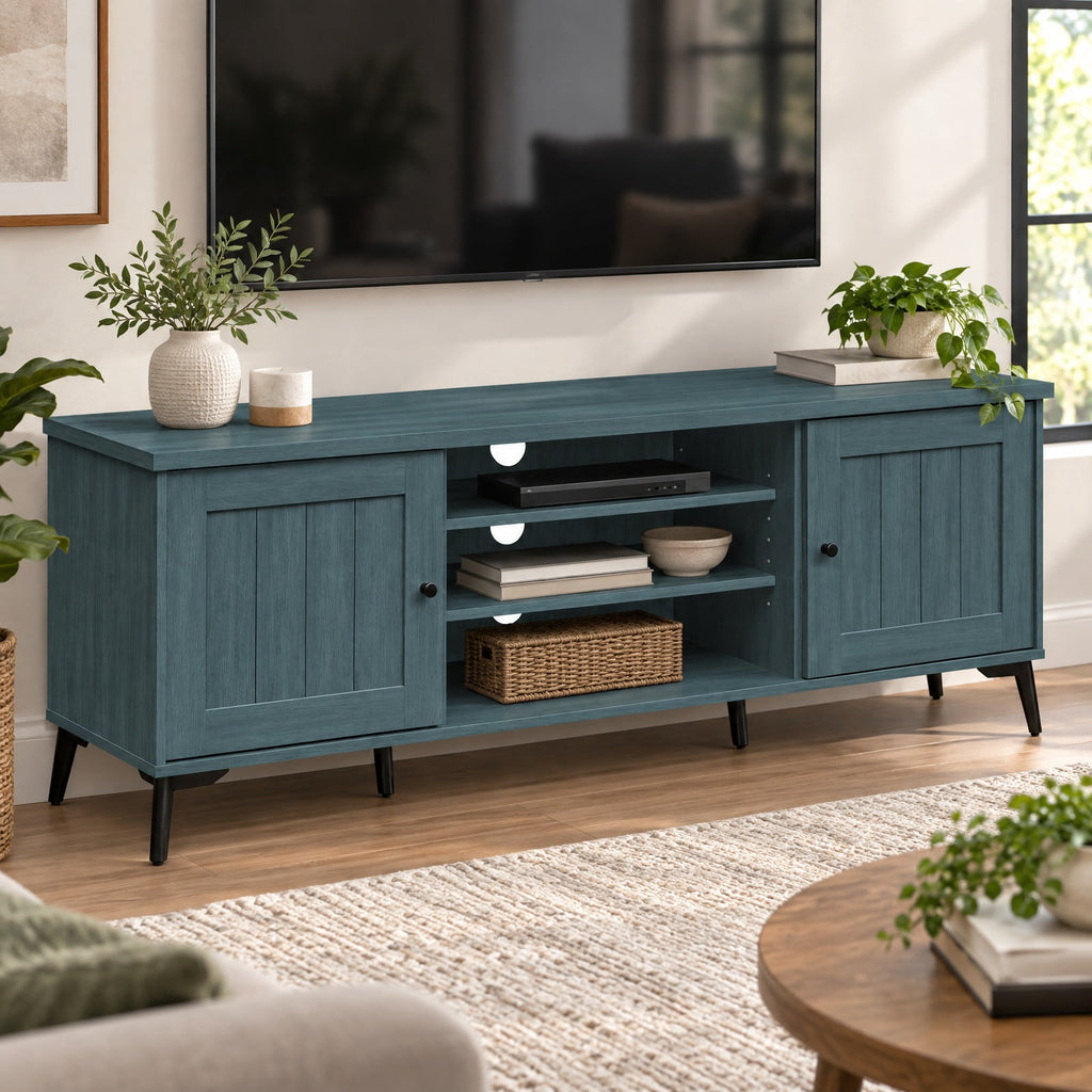 Airfind 2-Door TV Stand for TVs up to 65 Inch Mid Century Modern Entertainment Center, 176 lbs Capacity, Engineered Wood Metal Frame, Turquoise