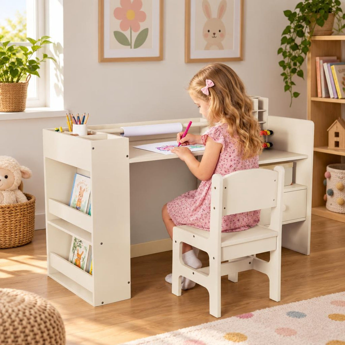 Airfind Kids Art Table and Chair Set with Detachable Paper Roll Holder and Cabinet, 66 lbs Capacity, MDF Frame, for 3+, Natural