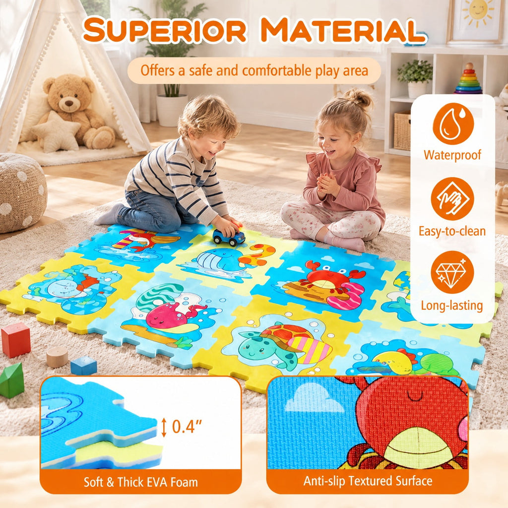 Airfind EVA Foam Baby Play Mat with 8 Interlocking Animal and Number Shapes, Non-Slip Stackable Floor Tiles for 10 Months and Up, Colorful