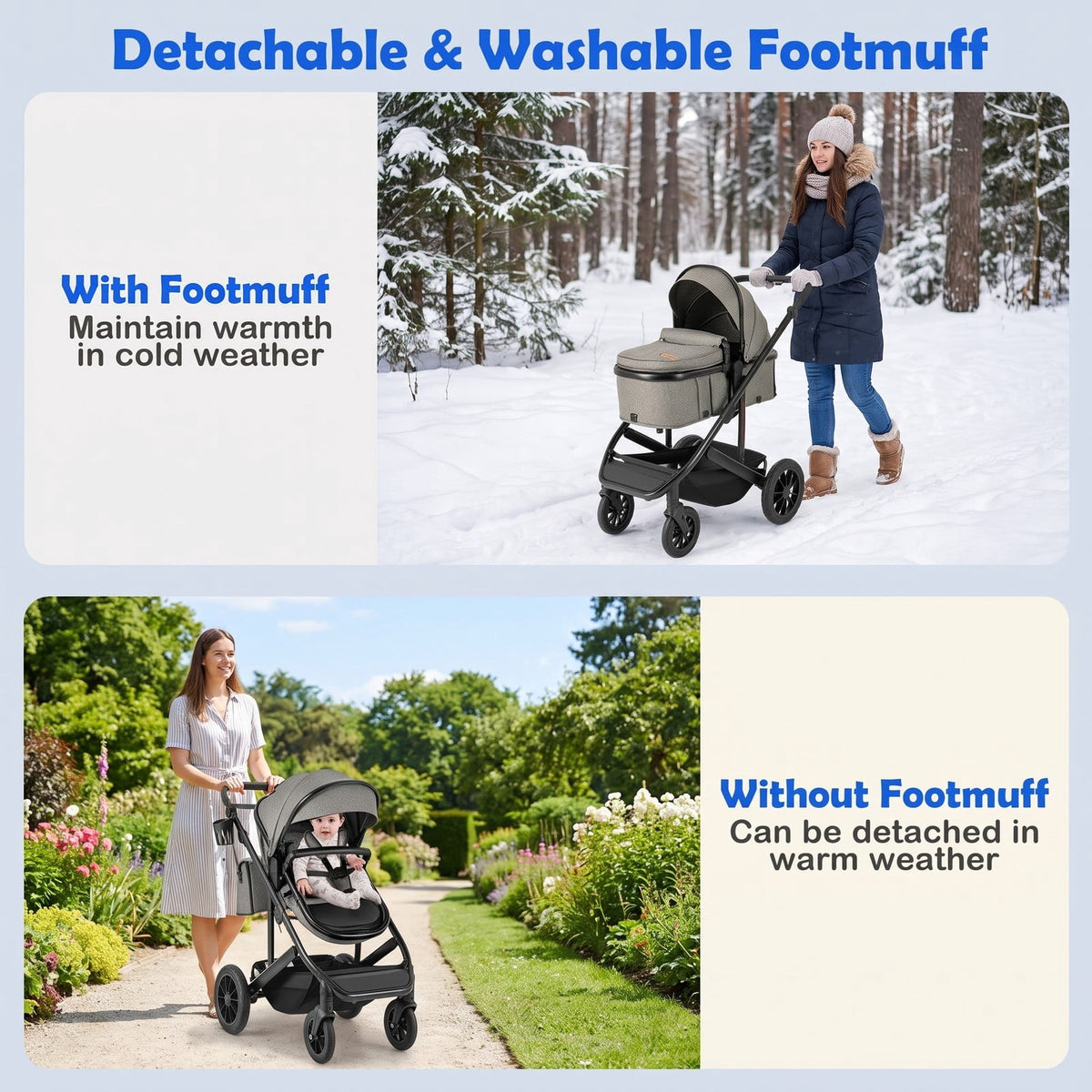 AIRFIND Baby Stroller with Reversible Seat, Bassinet Mode, Adjustable Handle and Canopy, Folding Aluminum Frame, Diaper Bag and Footmuff, Gray