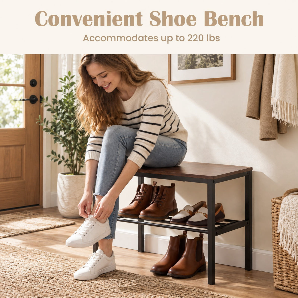 Airfind 3-in-1 Hall Tree Freestanding Entryway Bench with Hooks, 220 lbs Capacity, Metal Engineered Wood ABS Frame, Rustic Brown + Black