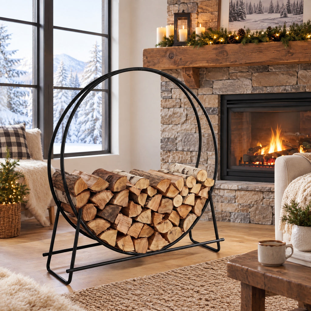 Airfind 45 Round Firewood Rack with Heavy, 485 lbs Capacity, Metal Frame, 46 x 14.5 x 48.5 Footprint, Black