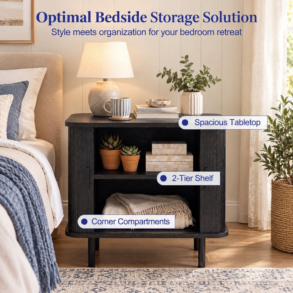 Airfind End Table Modern Mid Century Nightstand with Sliding Tambour Doors and Storage Shelf, 88 lbs Capacity, Engineered Wood MDF Metal Frame