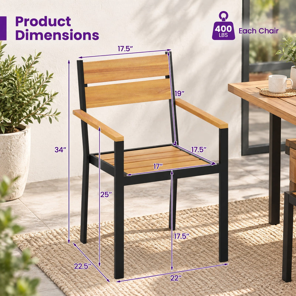 Airfind 2 piece Outside Patio Dining Chair with Acacia Armrest for Backyard Garden, 400 lbs Capacity, Acacia Metal Frame, Brown Black
