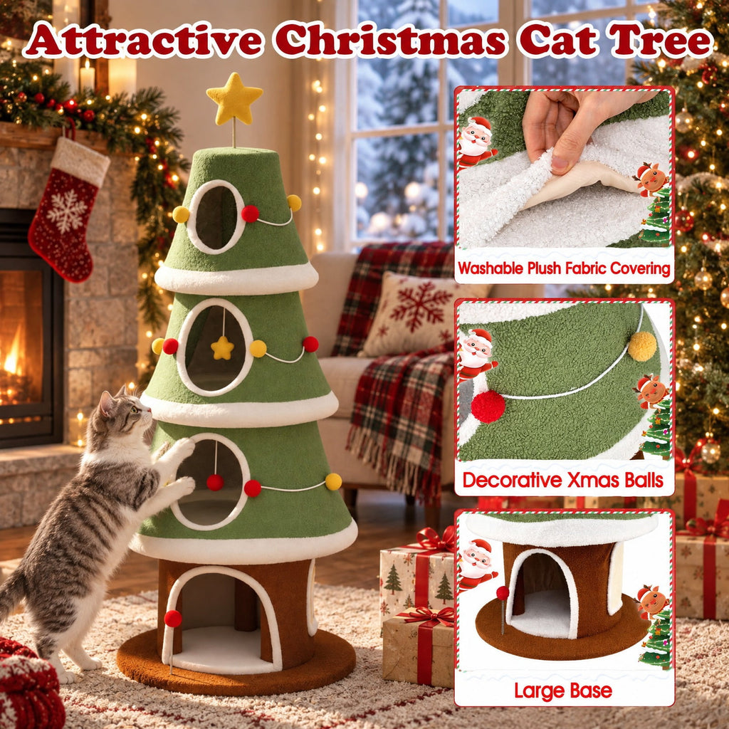 Airfind Large Christmas Cat Tree for Indoor Cats 61 Inch Cute Cat Tower with 4 Condos, 11 lbs Capacity, Engineered Wood Plush Fabric Frame, Green
