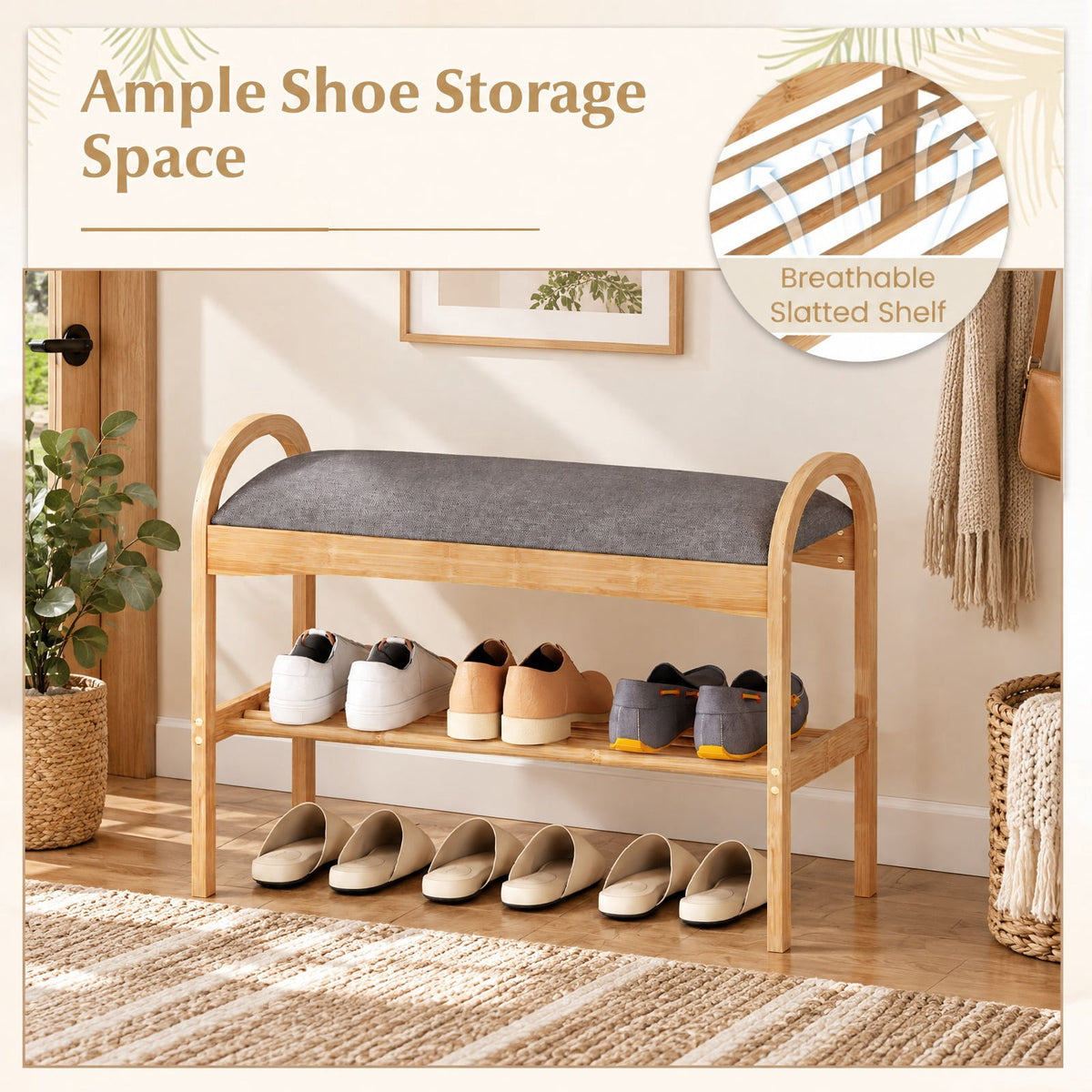 Airfind 2-Tier Bamboo Shoe Bench with Padded Cushion and Shelf, 330 lbs Capacity, Bamboo Polyester Fabric Sponge Frame, Gray