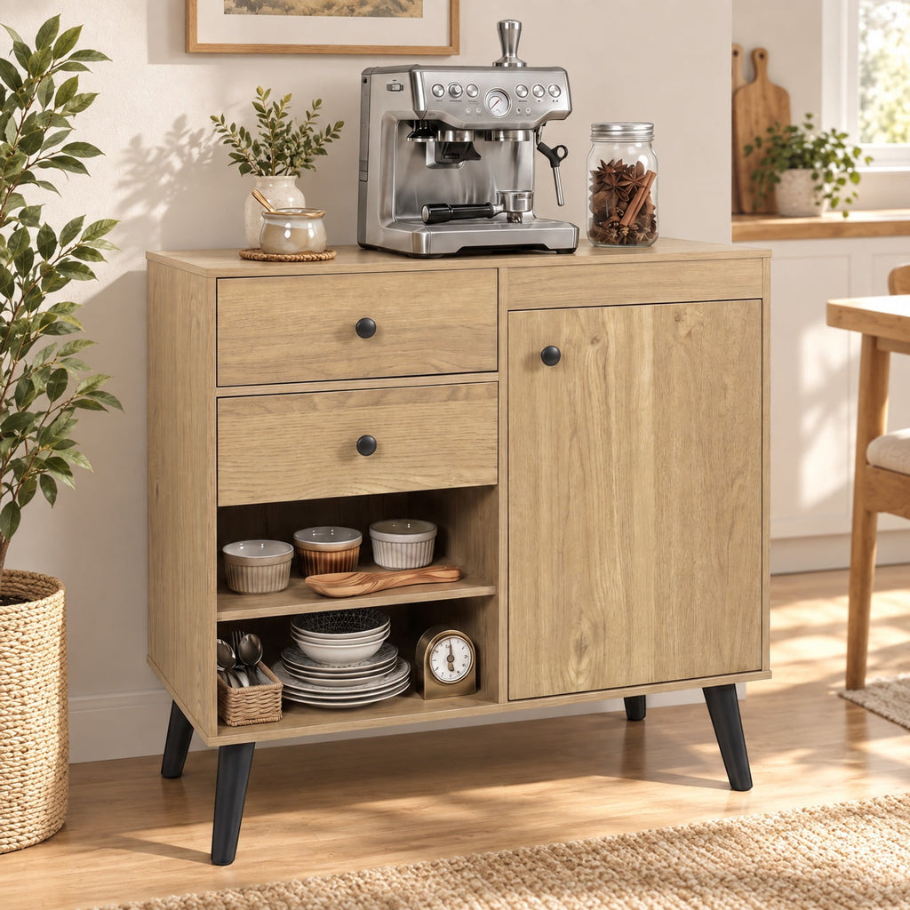 Airfind 31 Inch Sideboard Cabinet, with 2 Open Compartments and 2 Drawers, 135 lbs Capacity, Engineered Wood Frame, 31 Inch x 14 Inch x 31 Inch Footprint, Natural