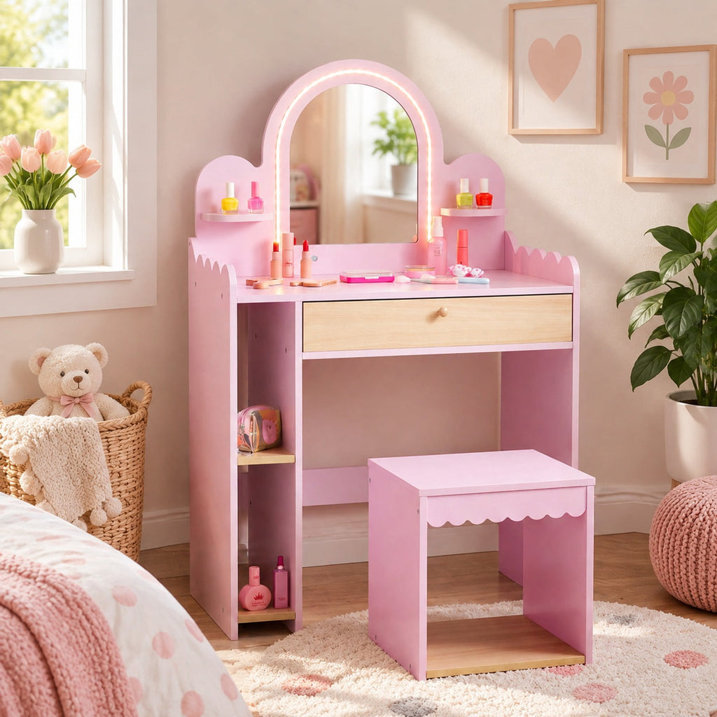 Airfind Pretend Personal Dressing Table Set with 2 Small Shelves and Compartments, 90 Lbs Capacity, Engineered Wood, for 3 and Years Old, Pink