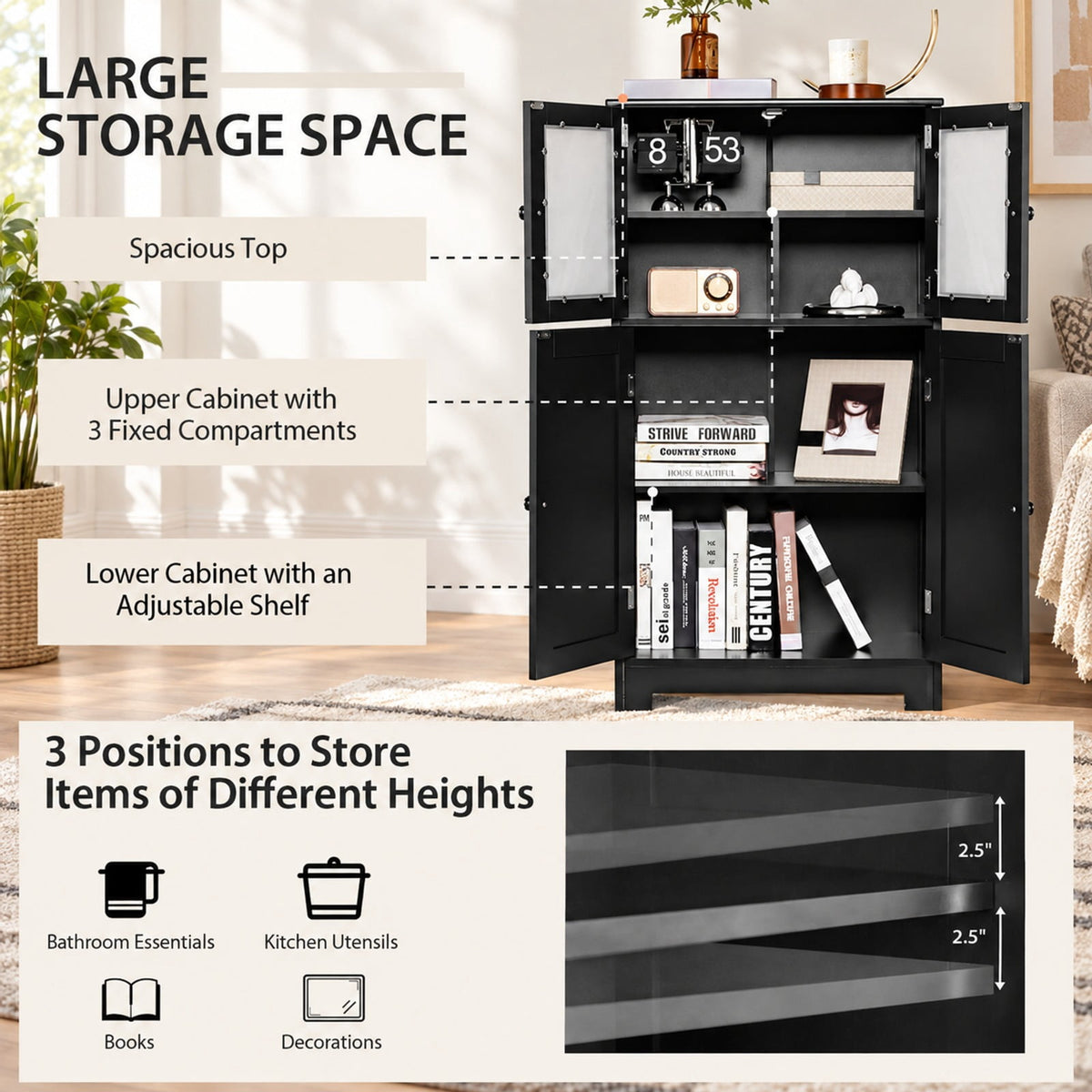 Airfind Bathroom Floor Storage Locker Kitchen Cabinet with Doors and Adjustable Shelf, MDF Frame, 23 x 12 x 43 inch Footprint, Black