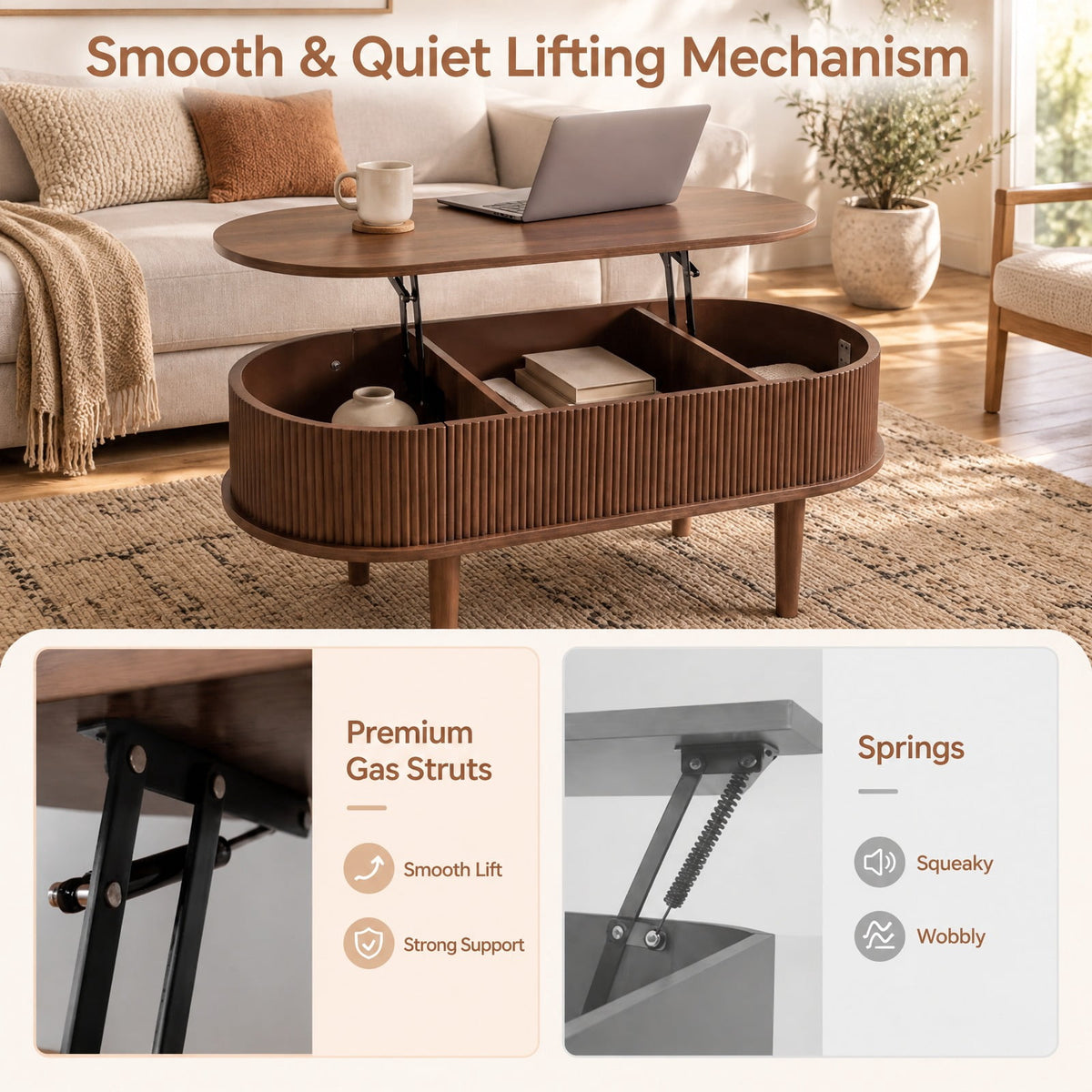Airfind 43.5 Inch Oval Lift Top Coffee Table with Storage and Fluted Design for Living Room, 200 lbs Capacity, Engineered Wood Solid Wood Frame, Walnut