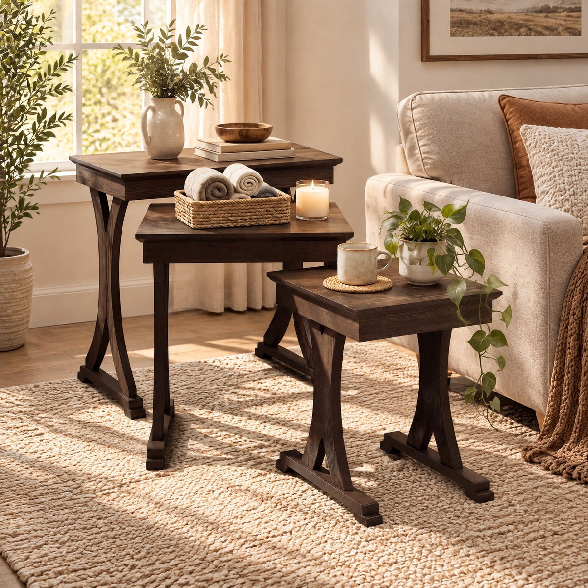 Airfind 3 Pieces Nesting Coffee Table Side Table with Solid Rubber Wood Legs, 71 lbs Capacity, Rubber Wood MDF Frame, 23 x 15 x 22 Footprint