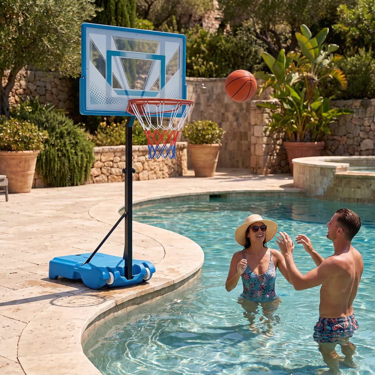 Airfind Pool Basketball Hoop with 3 Level Adjustable Height Shatterproof PC Backboard Weighted Base and Wheels for Swimming Pool Poolside Fun, Blue