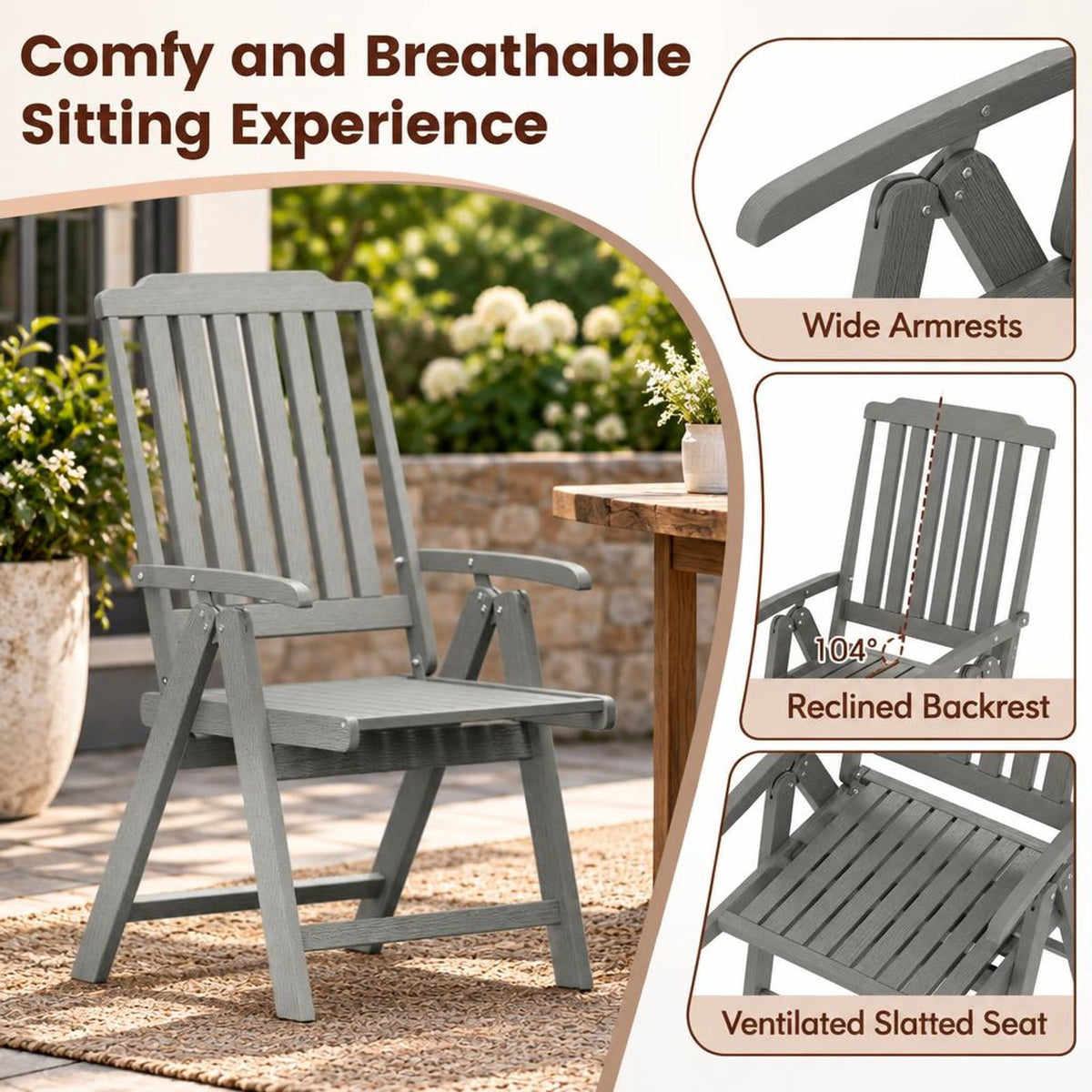 Airfind Foldable Patio Chair All, Weather HDPE Outdoor Dining Chair with Armrest, Gray, The slatted design effectively prevents water accumulation