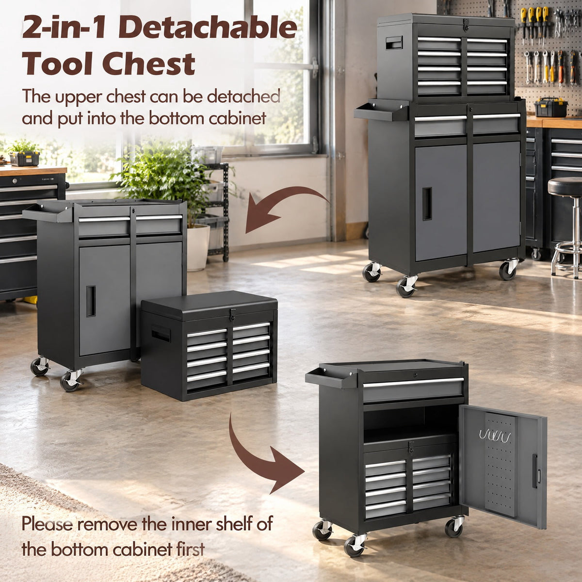 Airfind 2-in-1 Rolling Tool Chest with 5 Sliding Lockable Drawers-Black and Gray, 220.5 lbs Capacity, Steel rubber-plastic synthetic Frame, Black