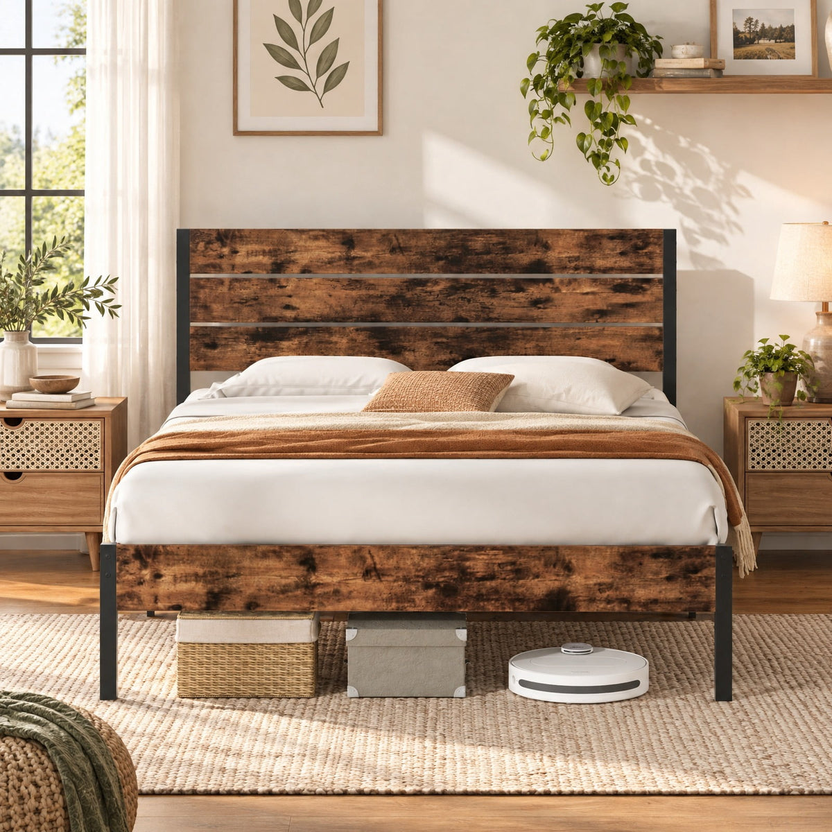 Airfind Queen Metal Bed Frame with Wood Headboard, 12 Slats, Under-Bed Storage, No Box Spring, Rustic Brown