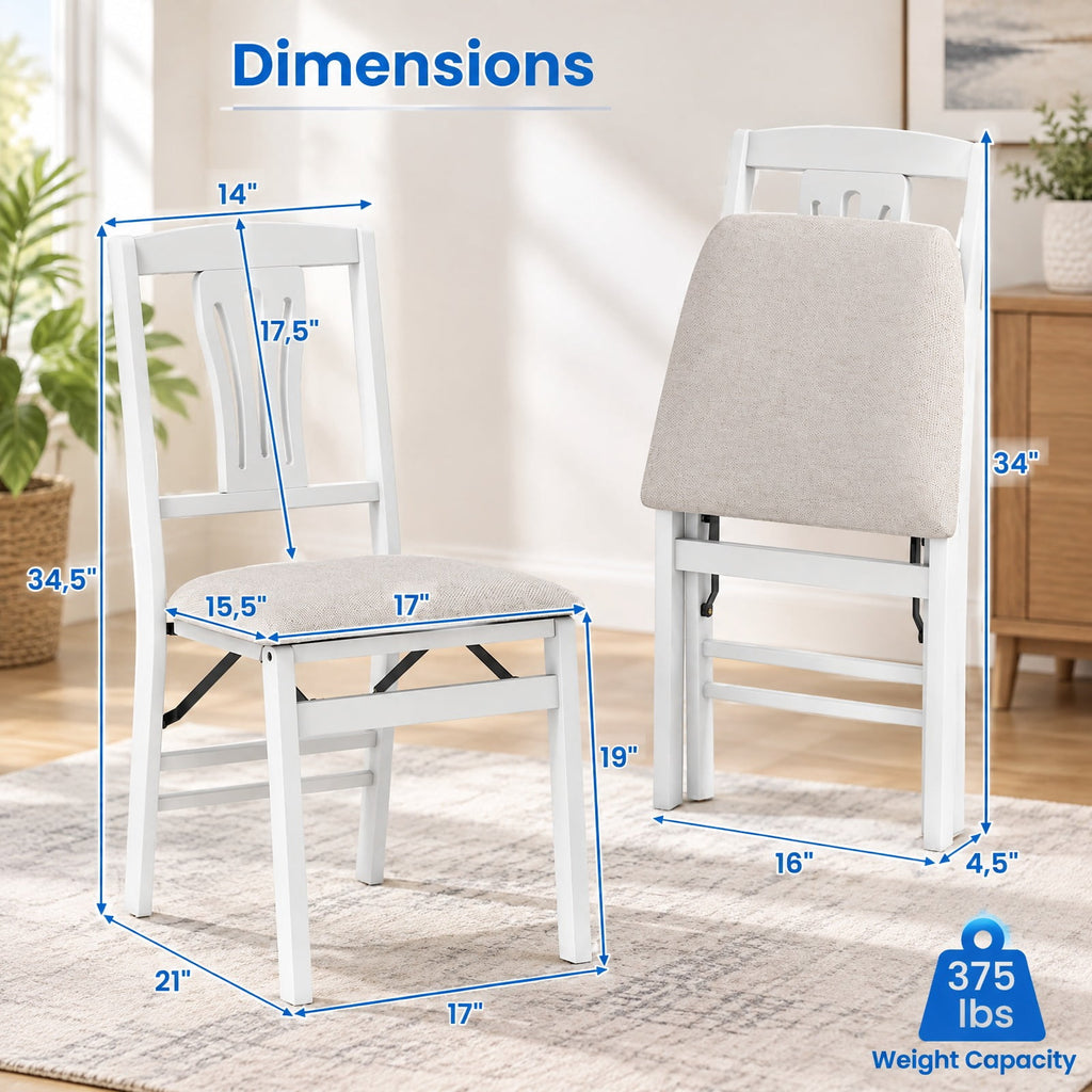Airfind Folding Kitchen Chairs Set of 4 Upholstered Dining Chairs with Comfy Padded Seats, 375 Lbs Capacity, 21 Inch X 17 Inch X 34.5 Inch, White