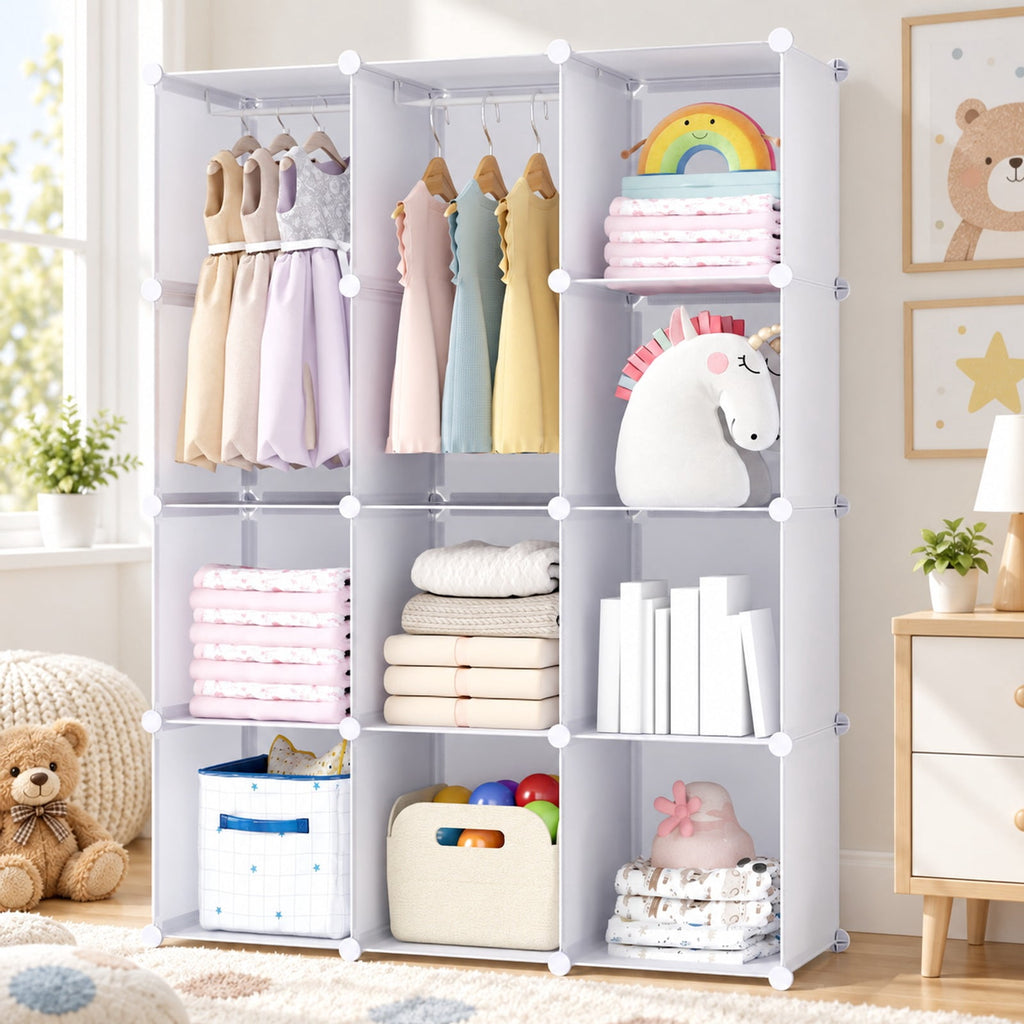 Airfind Modular Baby Wardrobe with 10 Cubes Hanging Rod and Shelves Stackable, 6.5 lbs Capacity, PP Frame, 43 x 14 x 57 Footprint, White