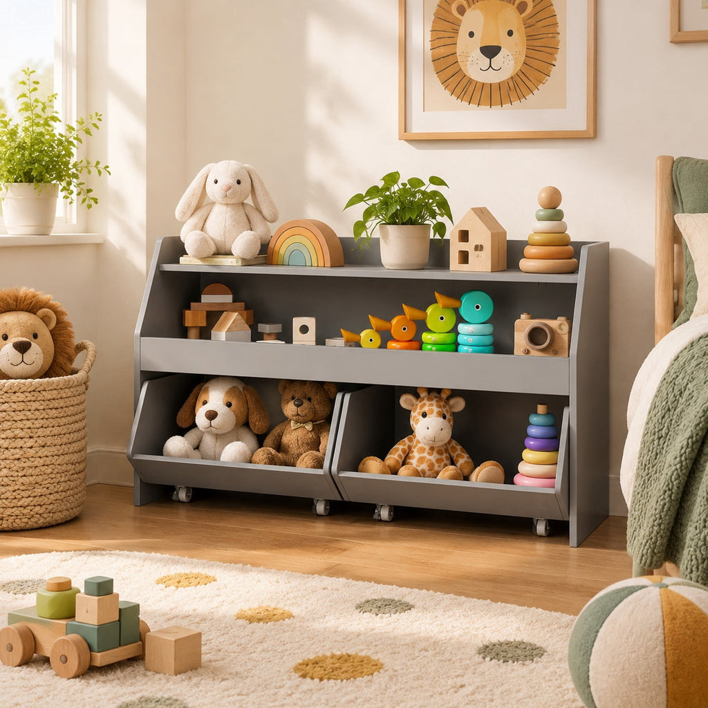 Airfind Youth Toy Storage Organizer Wooden Bookcase with 2 Movable Drawers, 176 Lbs Capacity, Engineered Wood, for 3 and Years Old Total, Gray