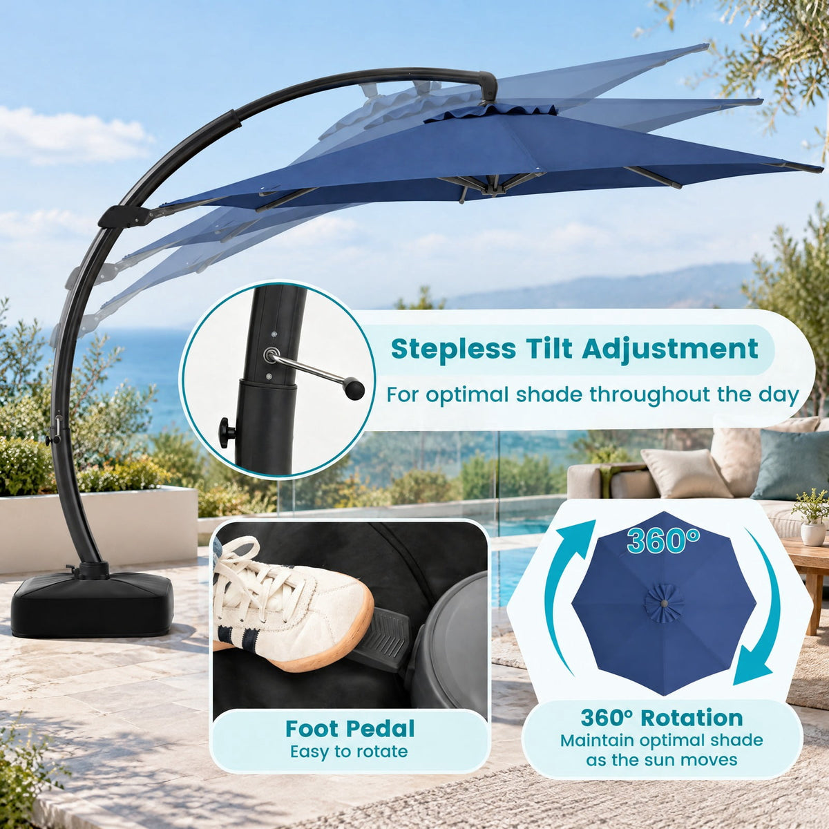 Airfind 11 FT Cantilever Patio Umbrella with Base with 360° Rotation and Tilt Adjustment, Polyester Fabric Aluminum Metal Frame, Navy
