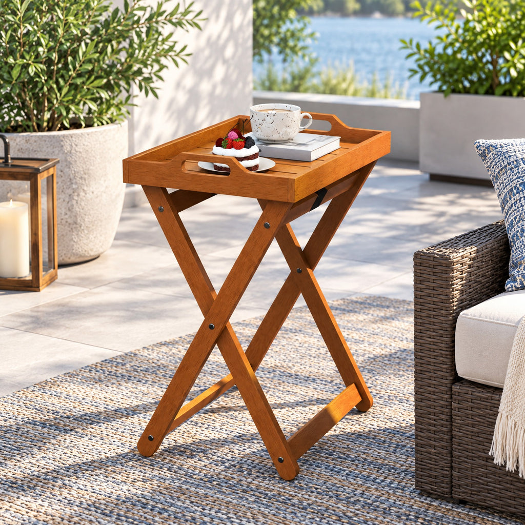 Airfind Outdoor Wood Tray Table Portable Side End Table with Folding Frame, 55 lbs Capacity, Wood Polyester Frame, 16 x 21 x 27 Footprint, Wood