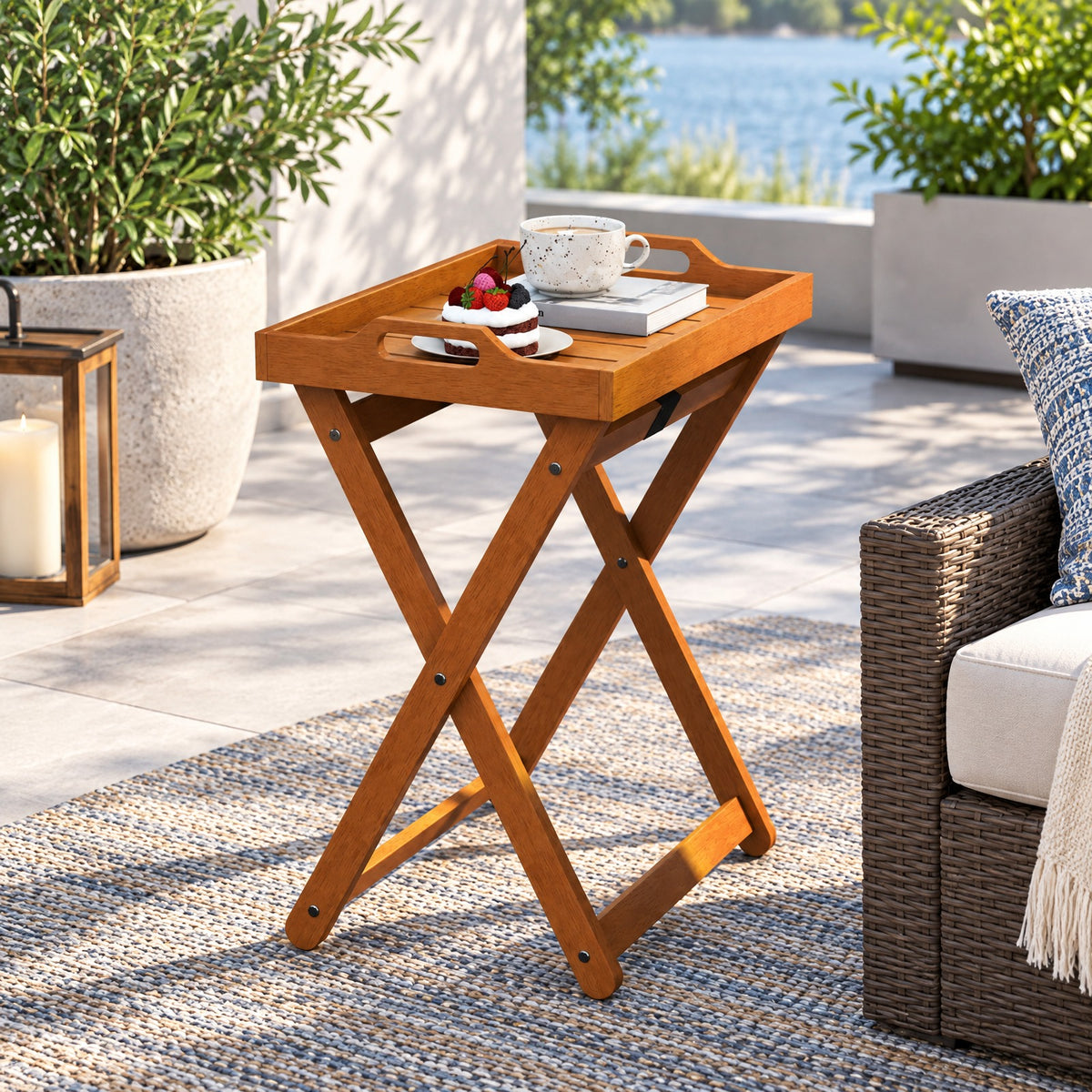 Airfind Outdoor Wood Tray Table Portable Side End Table with Folding Frame, 55 lbs Capacity, Wood Polyester Frame, 16 x 21 x 27 Footprint, Wood