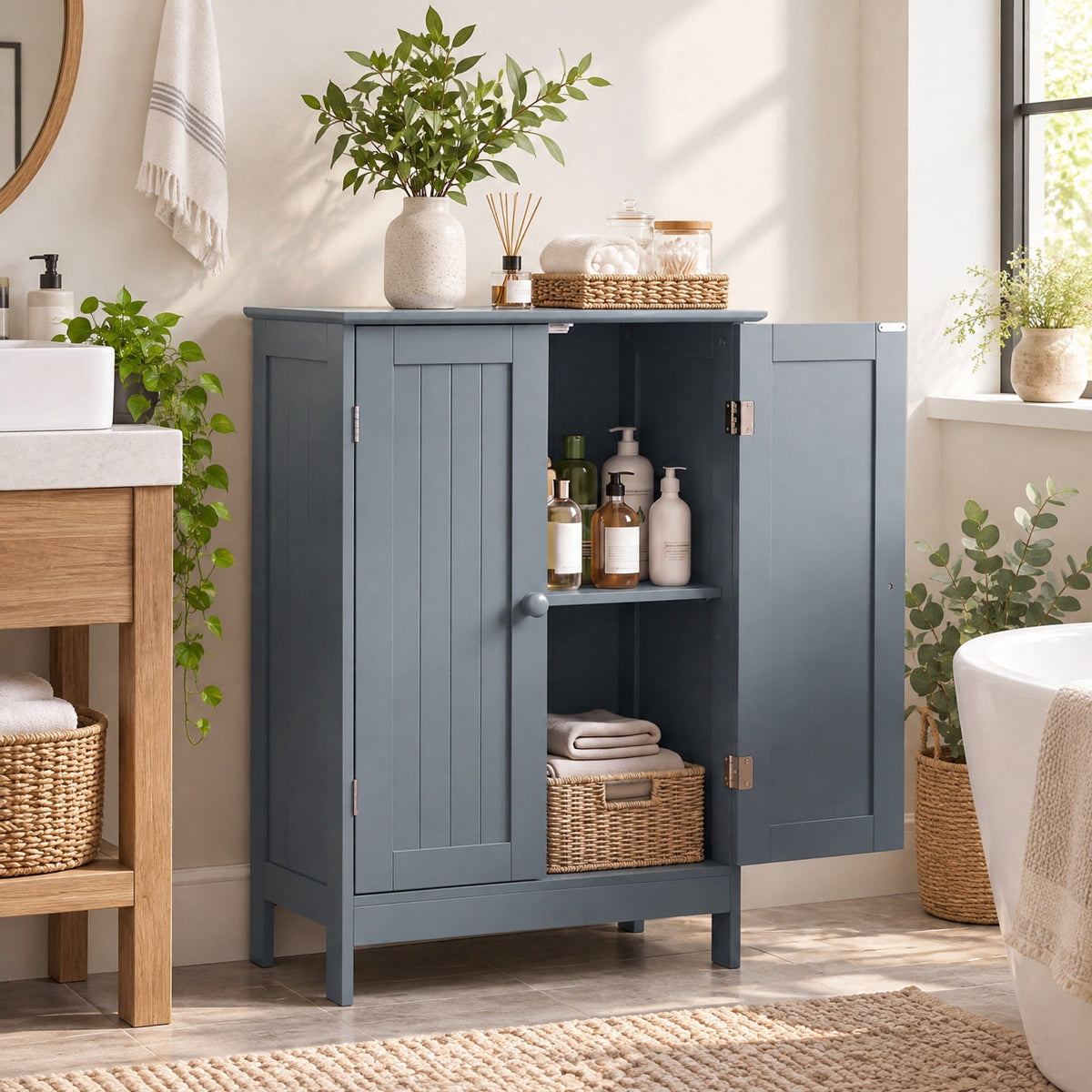 Airfind Bathroom Floor Storage Double Door Cupboard Cabinet, 22 lbs Capacity, MDF Frame, 24in x 14in x 34.5in Footprint, Gray