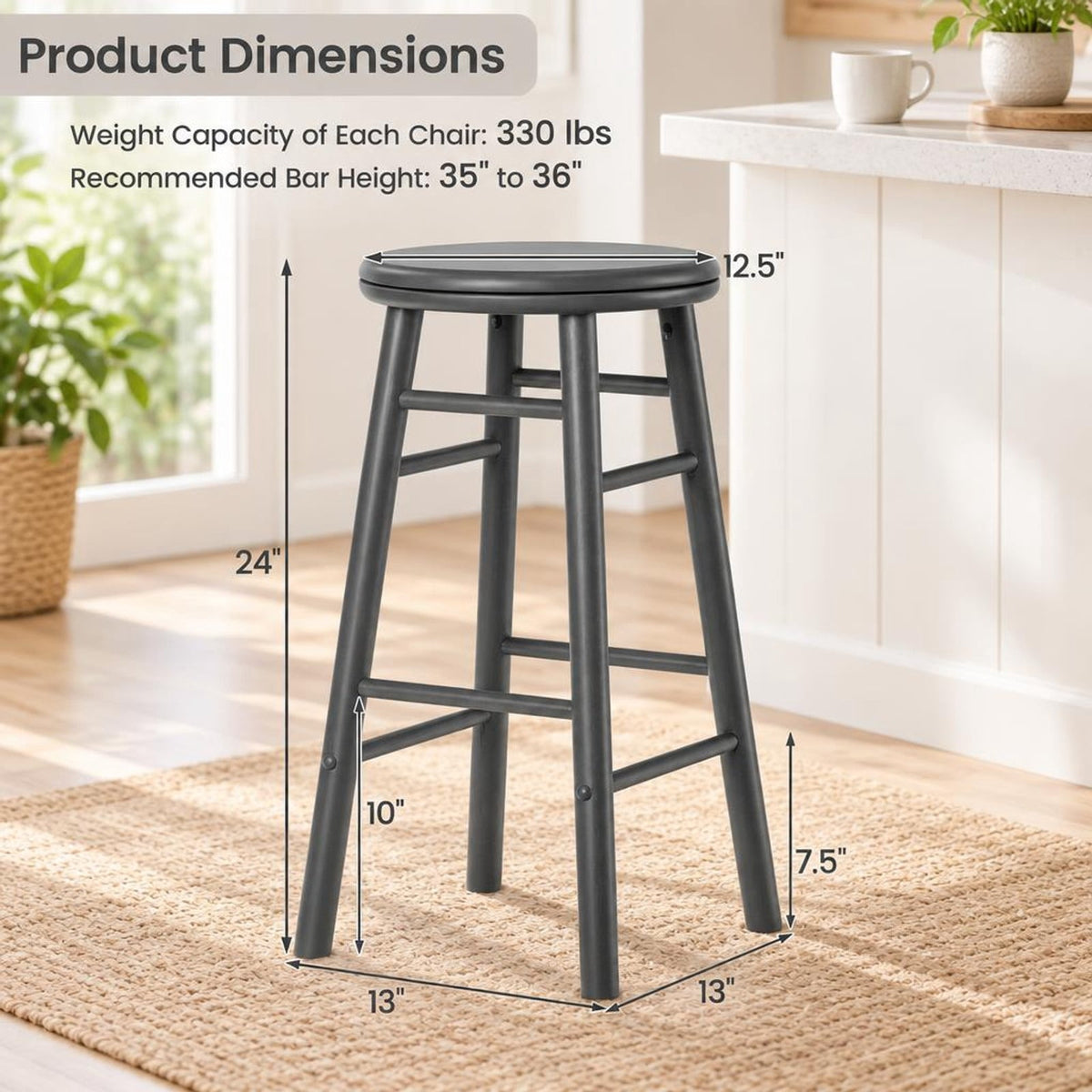 Airfind 24 Inch Swivel Bar Stools Set of 2 with Footrests and Crossbars, 330 lbs Capacity, Rubber Wood Frame, 13 Inch x 13 Inch x 24 Inch Footprint, Gray