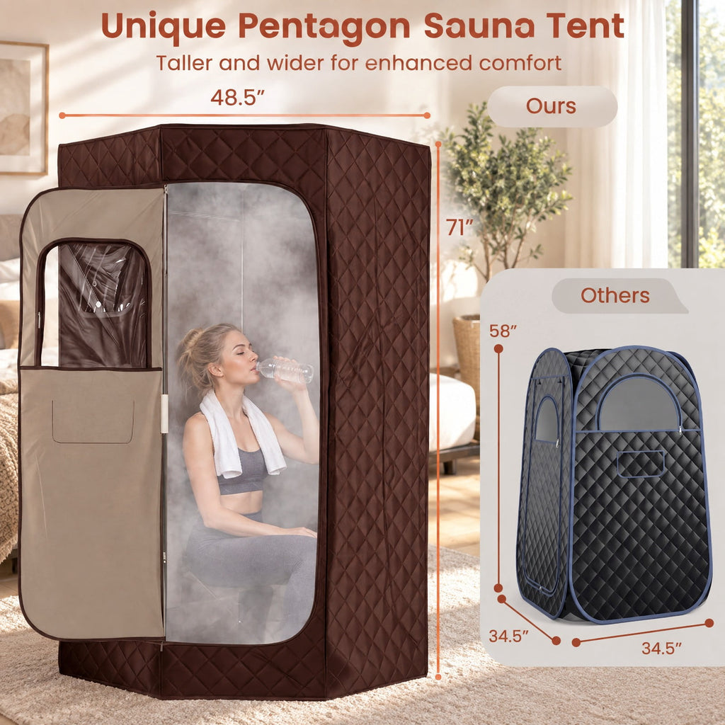AIRFIND Portable Steam Sauna with 3 L Steamer, 9 Heat Levels, 15-99 Minute Timer, Remote Control, Folding Chair and Floor Mat, Brown