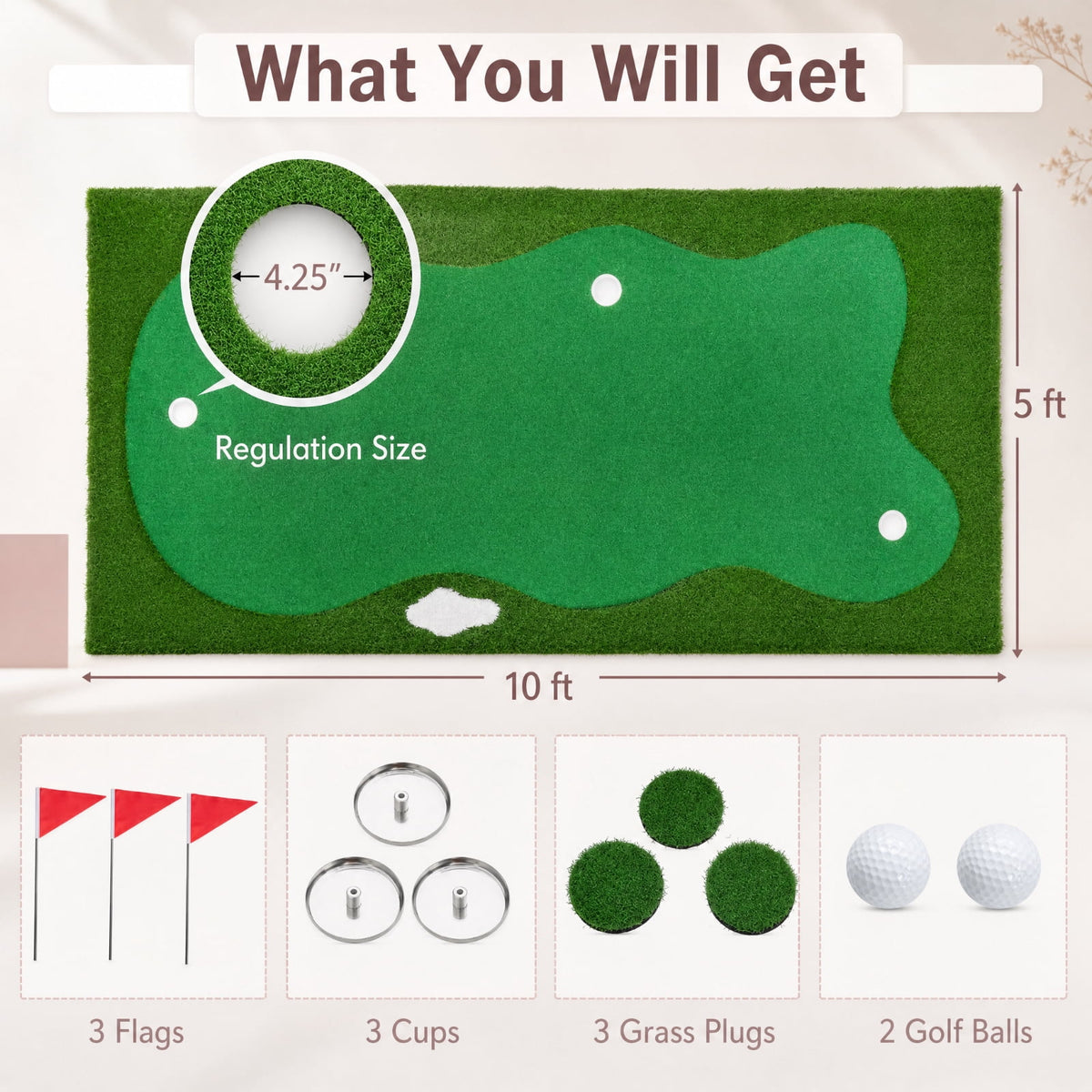 Airfind 10 x 5 FT Large Golf Putting Green with Realistic Artificial Grass Turf, Backyard Putting Green Mat with 3 Holes for Indoor Outdoor