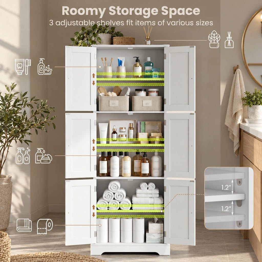 Airfind 63 Inch Tall Bathroom Storage Cabinet with 6 Doors and Adjustable Shelves, 44 lbs Capacity, Engineered Wood Frame, White