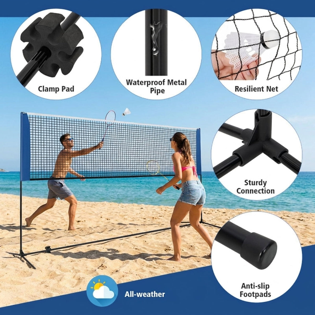 Airfind 10 Foot Adjustable Badminton Net Set for backyard with portable carry bag and non-slip footpads for pickleball volleyball tennis in blue black