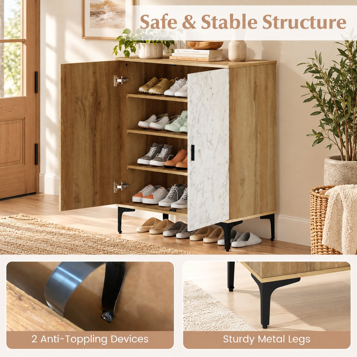 Airfind 4 Tier Farmhouse Shoe Storage Cabinet with Removable Shelves and Metal Legs, 180 lbs Capacity, Engineered Wood MDF Metal Frame