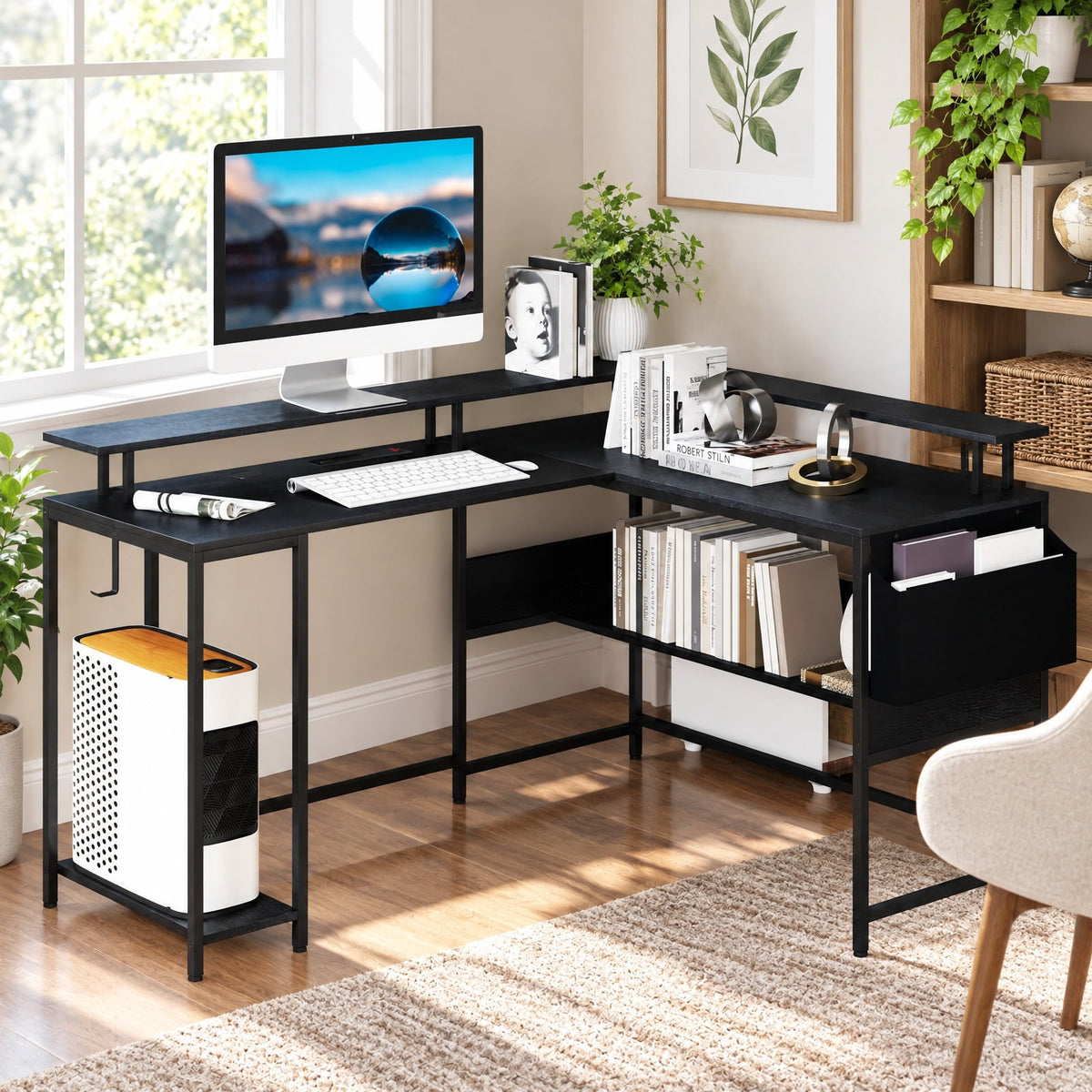 Airfind L-Shaped Gaming Desk with LED Lights and Power Outlets Home Office Computer Desk, 200 lbs Capacity, Engineered Wood Metal Frame, Black