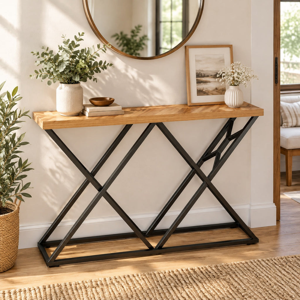 Airfind 55 Inch Console Table with Solid Metal Frame and Storage, 165 lbs Capacity, 55 Inch x 12 Inch x 36 Inch Footprint, Wood