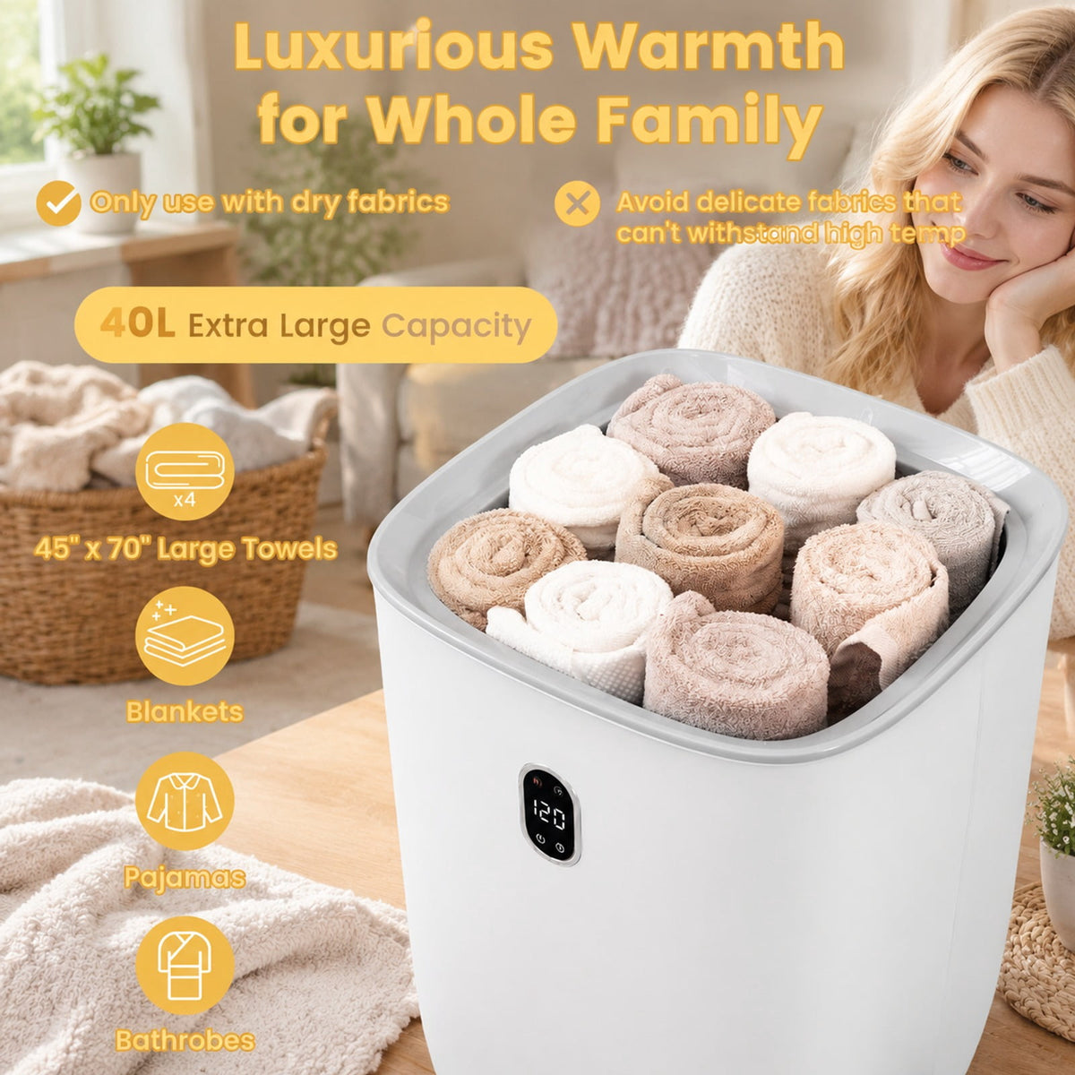 Airfind 40L Towel Warmer Luxury Hot Towel Bucket featuring 2 Heating Temperatures, PP PC Stainless Steel Frame, 14.5 Inch x 14.5 Inch x 26 Inch Footprint, White