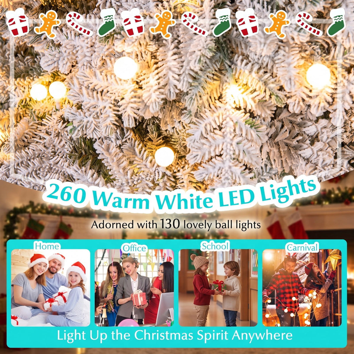 Airfind 6/7 Feet Artificial Snow-flocked Christmas Tree Pre-lit Hinged Xmas Tree with 130 Twinkle Balls-6 Feet, Green and White