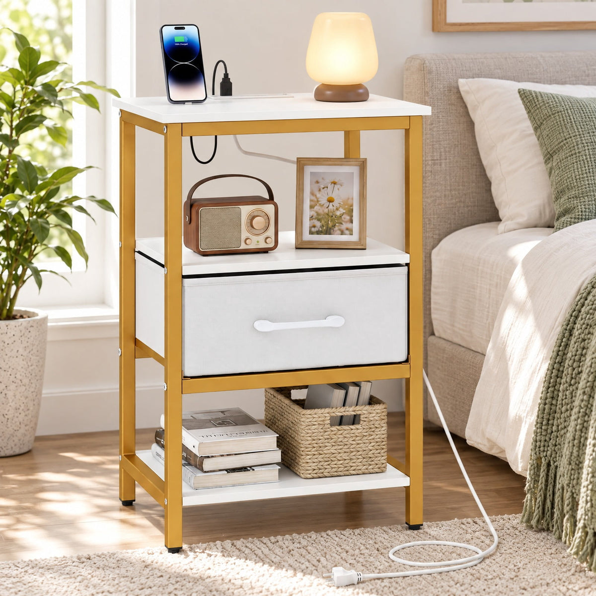 Airfind Nightstand with Charging Station and Adjustable Fabric Drawer for Bedroom and Living Room-1 Piece, 44 lbs Capacity, White and Gold