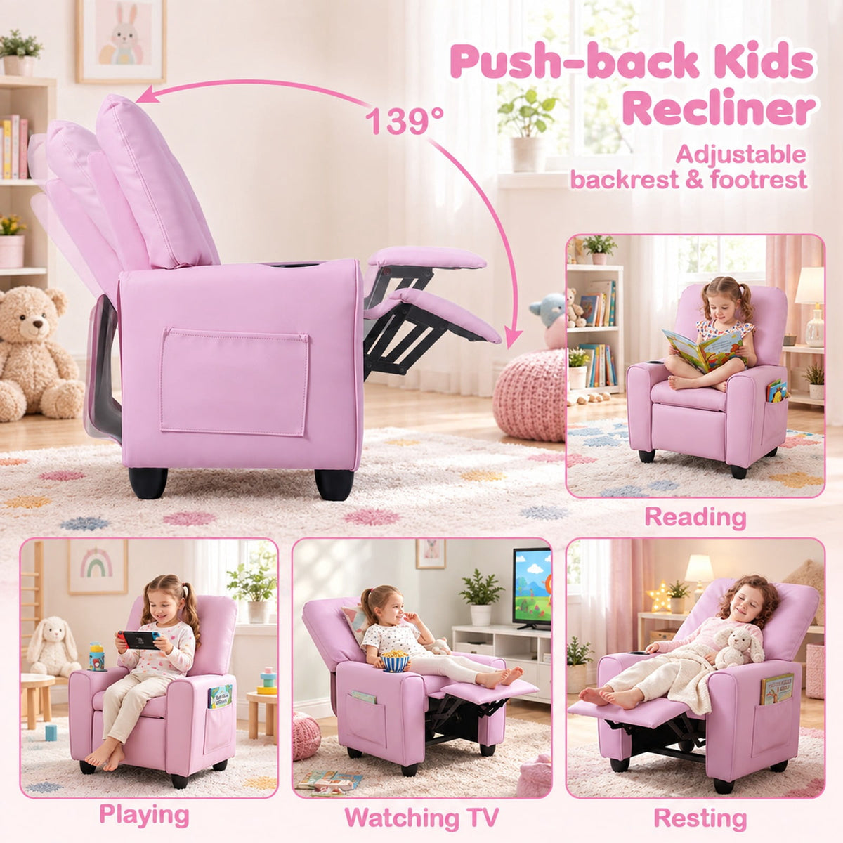 Airfind Youth Recliner Chair with Cup Holder, Side Pocket and Push-back Footrest, PU Upholstery, 24 x 21 x 30 in for Everyday Use, Pink