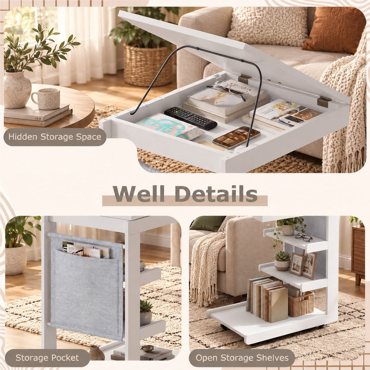 Airfind C-shaped End Table with Wheels and Adjustable Desktop for Sofa Couch Bedside, 210 lbs Capacity, Rubber Wood MDF Engineered Wood Fabric Frame