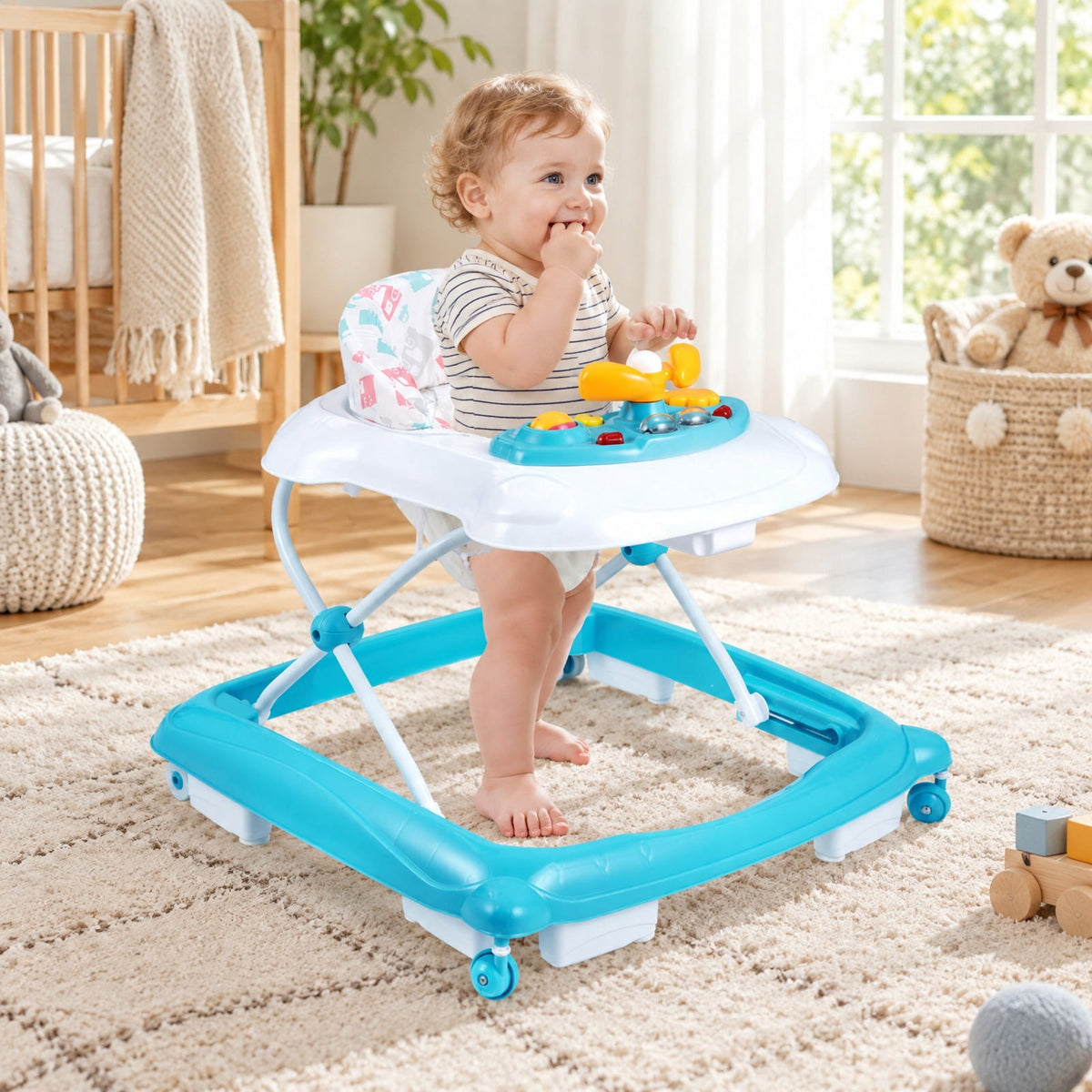 Airfind Foldable Baby Walker with 3 Adjustable Heights and Padded Seat, 26.5 lbs Capacity, PP Frame, for 7-14 months, Green