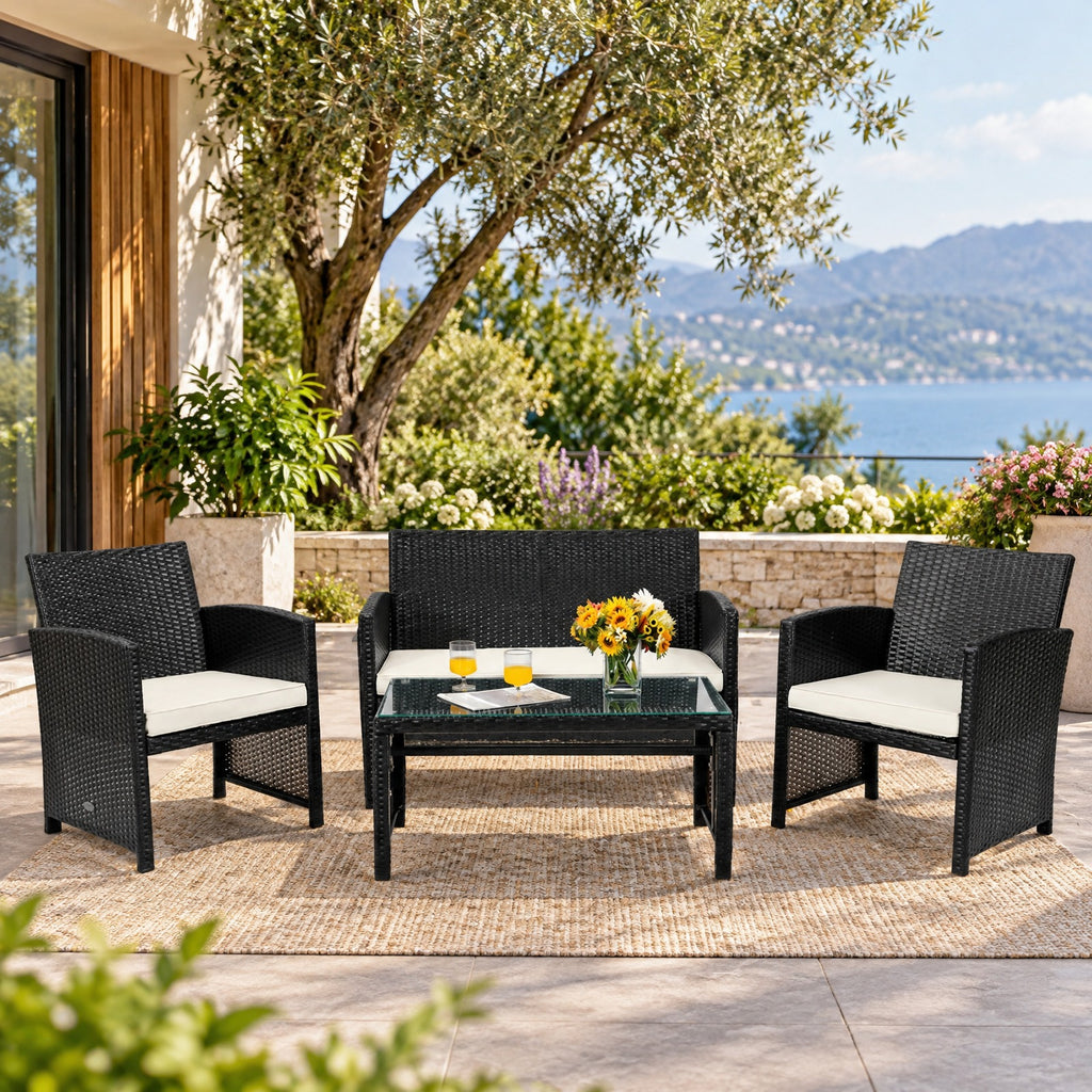 Airfind 4 Pieces Patio Rattan Cushioned Furniture Set with Coffee Table, Rattan Frame, 43.5 x 25 x 31 Footprint, White