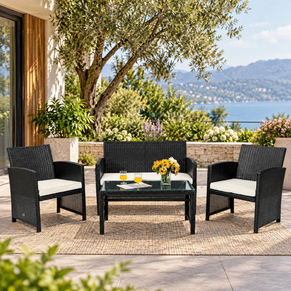 Airfind 4 Pieces Patio Rattan Cushioned Furniture Set with Coffee Table, Rattan Frame, 43.5 x 25 x 31 Footprint, White