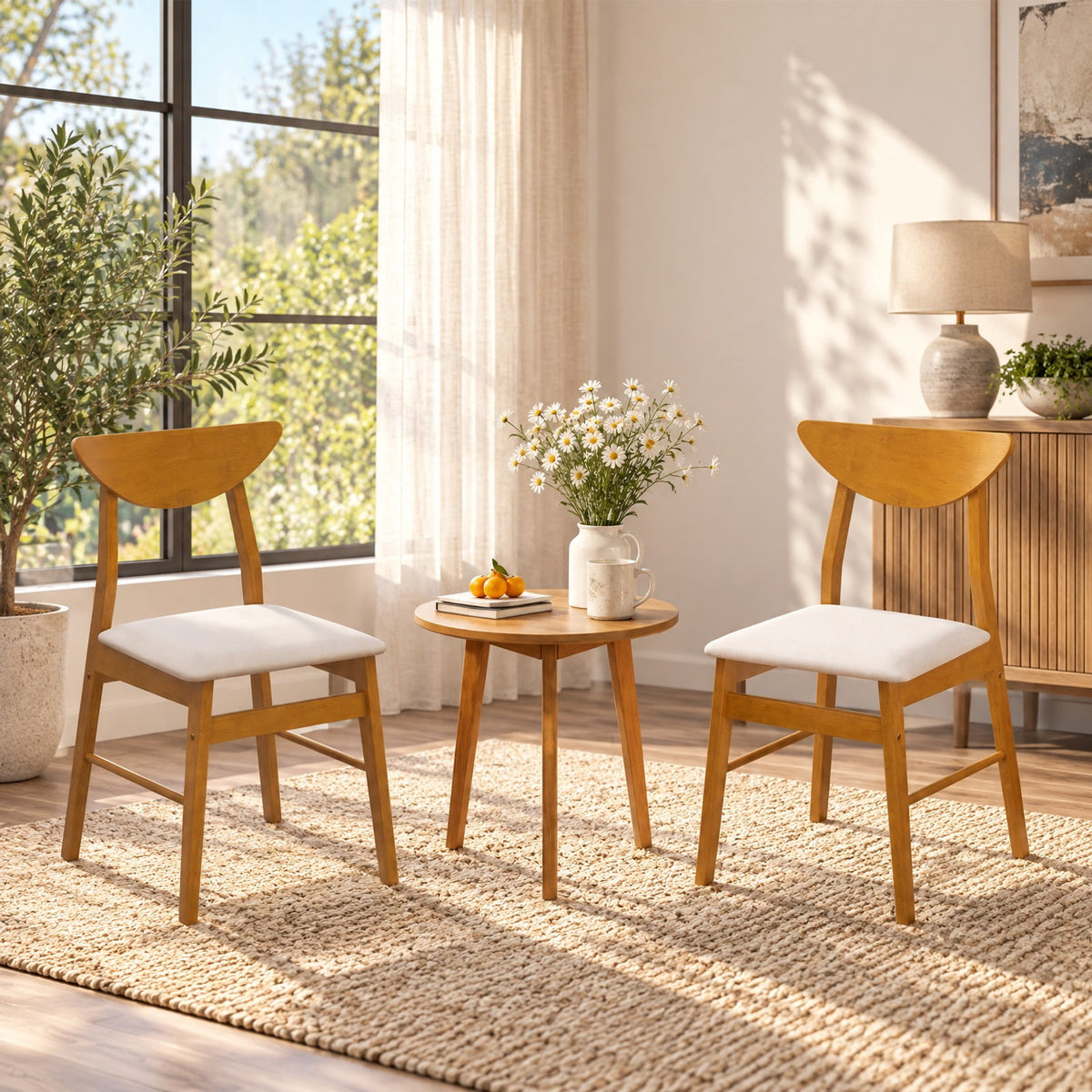 Airfind Set of 2 Upholstered Dining Chairs with Curved Backrest and Rubber Wood Frame, 330 lbs Capacity, Rubber Wood Frame, Natural