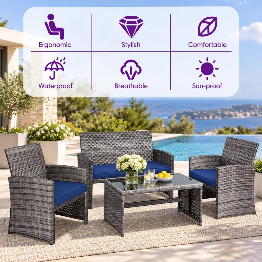 Airfind 4 Pieces Patio Rattan Furniture Set with Glass Table and Loveseat, PE Rattan Polyester Fiber Steel Sponge Single Sofa Frame, Navy