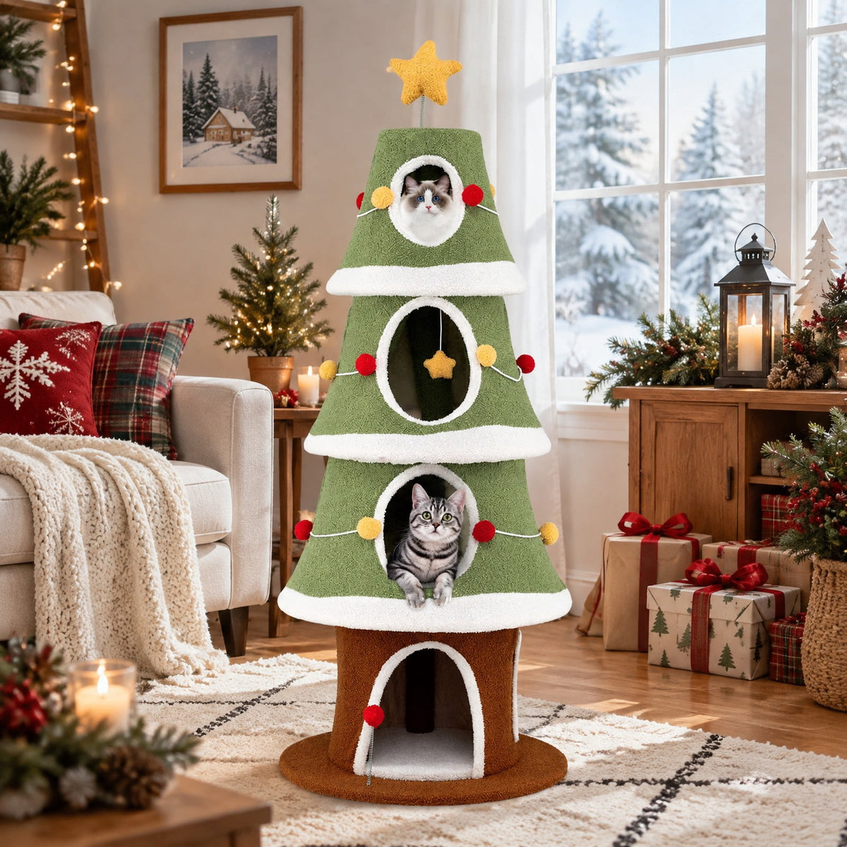 Airfind Large Christmas Cat Tree for Indoor Cats 61 Inch Cute Cat Tower with 4 Condos, 11 lbs Capacity, Engineered Wood Plush Fabric Frame, Green