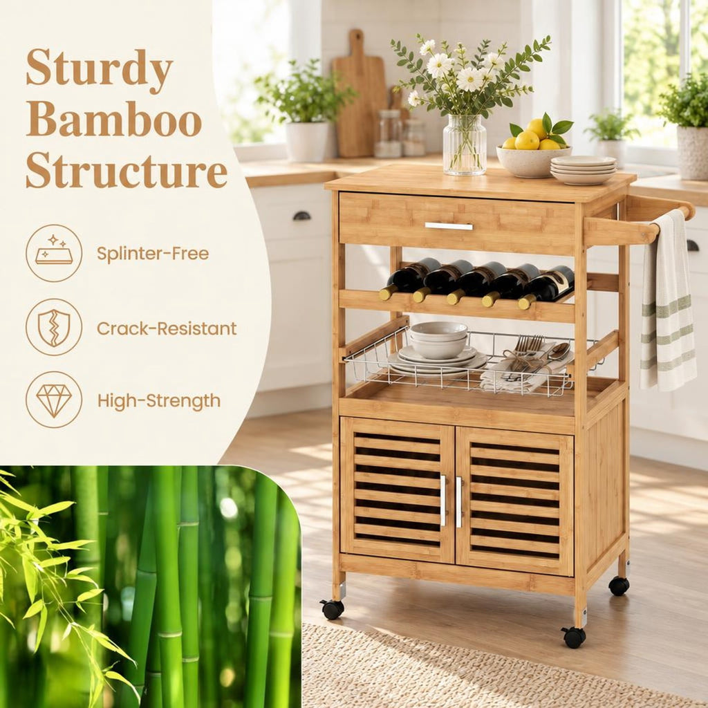 Airfind Bamboo Rolling Kitchen Island Trolley with Storage Cabinet and Wine Rack, 66 lbs Capacity, Bamboo Engineered Wood Metal Frame, Natural