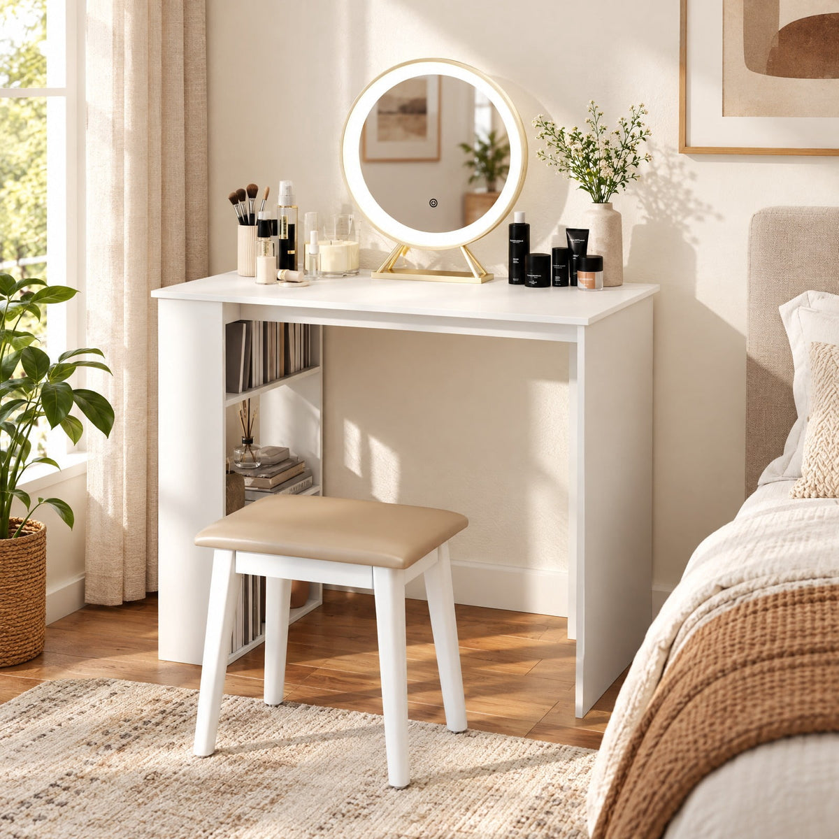 Airfind Computer Desk with Bookshelf for Small Space, 155 lbs Capacity, Engineered Wood Frame, 35.5 x 18 x 29.5 Footprint, White