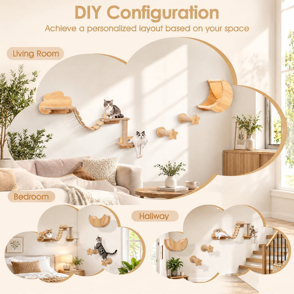 Airfind Cat Wall Furniture Set Kitten Wall Mounted Shelves with Hammock, 22 lbs Capacity, Natural, Size of the Hammock 13 Inch x 12.5 Inch x 19 Inch
